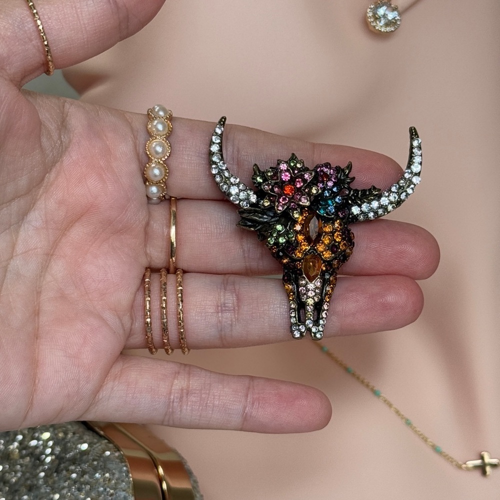 ⚜️❤️🔥 Western Longhorn Multicolor Brooch With Crystals 🤘💎 - Picture 6 of 8